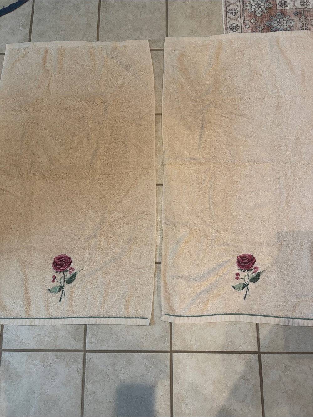 Towels Embroidered Pink Rose Cream Bath Towels Set of 2